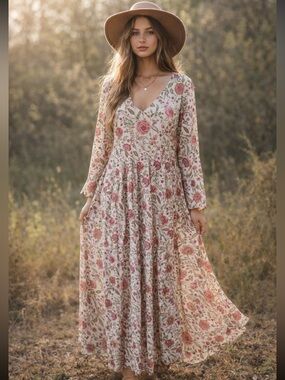 Itraake Cream/Multi Embroidered Floral Sequin Long Sleeve Maxi Dress - 26210